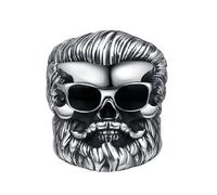 OAKKY Anillo Vintage Cool Biker en Acero Inoxidable para Hombre con Cráneo Gafas de Sol y Barba Diseño Gótico Punk y Esqueleto Negro Talla 19