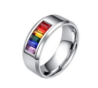 OAKKY Arco Iris Circón Cúbico LGBT Pride Anillo Acero Inoxidable Esmalte Lesbiana Gay Bisexual LGBTQ Pride Month Suertudo Personalizado Statement Banda Matrimonio Plata Talla 19