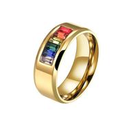 OAKKY Arco Iris Circón Cúbico LGBT Pride Anillo Acero Inoxidable Esmalte Lesbiana Gay Bisexual LGBTQ Pride Month Suertudo Personalizado Statement Banda Matrimonio Oro Talla 14