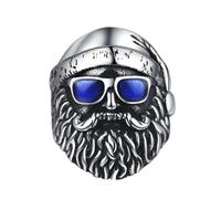 OAKKY Barba Densa Fresca Dominante Vintage Hombres Viejos Calavera Anillo de Motociclista para Hombre de Acero Inoxidable con Gafas de Sol y Pañuelo Azul Talla 27