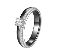 OAKKY Clásico Novedoso 4MM Hilera Única Micro-pavé Rhinestone 4 Garras de Dragón Solitario Cristal Anillo Unisex Cerámica Anillo de Boda Negro Plata Tamaño 9