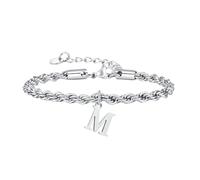 OAKKY Fresco Único Delicado Elegante Inicial A-Z 26 Alfabeto Nombre de Escritura Monograma Cadena Twist Brazalete Ajustable Mujer Acero Inoxidable Plata M