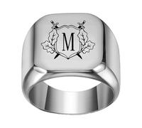 OAKKY Hombre Mujer Acero Inoxidable Personalizado Doble Espada Escudo Alfabeto de la A a la Z Iniciales Anillos Joyería Plata M Talla 27
