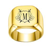 OAKKY Hombre Mujer Acero Inoxidable Personalizado Doble Espada Escudo Alfabeto de la A a la Z Iniciales Anillos Joyería Oro M Talla 29