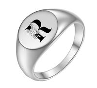 OAKKY Hombre Mujer Acero Inoxidable Simple Rosa 22mm Redondo Alfabeto de la A a la Z Iniciales Anillos Boda Compromiso Statement Joyería Plata R Talla 10