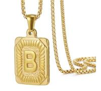 OAKKY Hombres Mujeres Acero Inoxidable Cuadrado Mayúscula Monograma Collar Alfabeto de la A-Z Clásico Simple Letra Colgante Pareja Joyería Regalo Oro Letra B