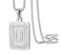 OAKKY Hombres Mujeres Acero Inoxidable Cuadrado Mayúscula Monograma Collar Alfabeto de la A-Z Clásico Simple Letra Colgante Pareja Joyería Regalo Plata Letra U