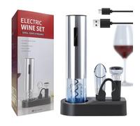 Oaklete Juego de abridor de vino eléctrico 6 en 1: abridor de botellas de vino recargable con acabado de acero inoxidable, vertedor de vino, tapón, cable de carga USB-C, cortador de papel de aluminio
