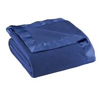 OakRidge Manta de forro polar de satén, tamaño matrimonial/queen, individual o king, tela ligera 100% poliéster y bordes de encuadernación de satén acogedores, manta de viaje plegable, azul marino