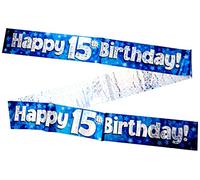 OakTree-Cartel holográfico de aluminio Happy 15th Birthday, color azul, 2,7 m (624764)