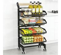 OAKVYNE Carrito Cocina con Ruedas 4 Niveles, Verdulero Cocina Metálico Ajustable con Asa Madera, Estante Ruedas para Almacenamiento De Comida Y Cocina(Black,4 Tier)