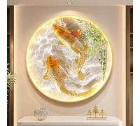 OAKVYNE Decoración Mural 3D con Luces Led Redonda - Pintura Tradicional China Iluminada, Arte Mural 3D para Sala De Estar Y Lampara De Pared para Entrada Y Pasillo(A,80cm)
