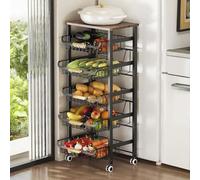 OAKVYNE Frutero con Ruedas Cocina, Organizador Despensa con Ruedas con Tablero Madera, Carrito Auxiliar Y Cestas Metálicas De Malla para Cocina Y Alacena(6 Tier)