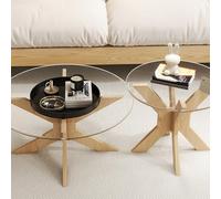 OAKVYNE Juego de 2 Mesas,Mesa de té,Pequeña, Auxiliar, Mesita Salon,Moderna, fácil Montaje,para salón, balcón, Oficina,Estilo Vintage, 2 Mesa de Modernas,Centro Cristal(Original Wood-C,70CM/27.5IN)