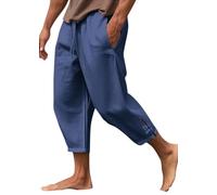 Oanviso Hombre Pantalones de Lino Anchos Verano Casuales Sueltos De Algodón 3/4 Pantalones Yoga Color Sólido Pantalón Cortos de Fitness Pantalones Ligeros B Azul S