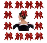 Oaoleer 12 lazos grandes con purpurina de 17,78 cm para el pelo, banda elástica hecha a mano para animadoras, adolescentes, niñas, deportes, color rojo
