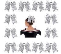 Oaoleer 12 lazos grandes con purpurina de 17,78 cm para el pelo, banda elástica hecha a mano para animadoras, adolescentes, niñas, deportes universitarios (plateado)