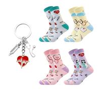 OAOSDH 4 Pares De Calcetines De Enfermera Y 1 Llavero, El Algodón Es Cómodo Y No Usa Pies, Ropa Informal Diaria Con Accesorios, Cole Creativo De Decoración De Mochila.