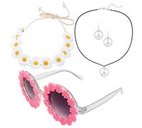 OAOSDH Gafas De Sol Margaritas De 1 Pieza, Corona De Margarita De 1 Pieza, Collar De Paz De 1 Pieza Y 1 Par De Aretes De Paz, Accesorios De Ropa De Fiesta, Accesorios De Estilo Retro.