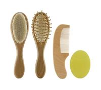 OATIPHO Cepillo y Peine de Madera para Ñiño 4 Piezas Kit de Cuidado Infantil Portátil Peine Seguro para Cepillo Tierno para Baño y Masaje del Cuero Cabelludo Color Caqui