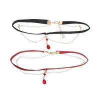 OATIPHO Gargantilla de Clavícula Ajustable 2 Piezas Colgante de Lágrima Collar Gótico de Terciopelo Negro y Rojo Vino Collar para Mujer Halloween y Eventos Renacentistas