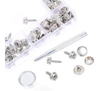 OATIPHO Juego de Cierres a Presión para Lona de 15 Mm, Acero Inoxidable Resistente Corrosión, Color Plateado, 20 Broches 2 Herramientas de Instalación y Caja Plástica, Kit para Tapicería,