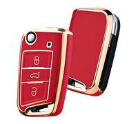 OATSBASF Funda para Llave de Coche VW, VW Golf 7, Caja de Llaves para VW Polo, Skoda, Tiguan, MK7 con 3 Botones (Borde Dorado Rojo)
