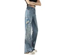 OATTIS Jeans De Mezclilla De Pierna Ancha para Mujer En Verano con Bordado De Fénix, Tubo Recto, Sueltos Y Modernos, Que Muestran Una Sensación Esbelta E Impecable.,Color2,l