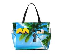 OAZCVBNN Bolsa reutilizable con estampado de palmeras y mar azul, elegante, ligera, para vacaciones, picnic, gimnasio, camping, uso versátil