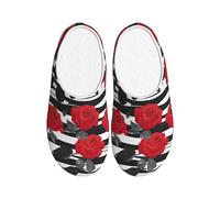 OAZCVBNN Pantuflas lavables con rayas blancas y negras y rosas rojas, uso versátil, antibolitas, lavables para mujeres y hombres