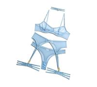 OBASDFD 3 Pcs Ladies Solid Lingerie Set Mesh Underwear Women Push Up Bra Garters Brief Sets Transparent Blue(M)(L)