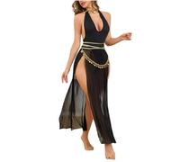 OBASDFD 4PC Womens Sexy Belly Dance Costume Mesh Sheer Slit Skirt Neck Halter Bodysuit Roleplay Lingerie with Choker and Belt(Black,X-Large)