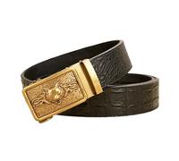 OBASDFD Cinturón De Vestir Piel Caimán For Hombre, Con Hebilla Automática Dorada Y Diseño Zorro Lobo Tallado, 3,5 Cm Ancho(Black,130cm/51)