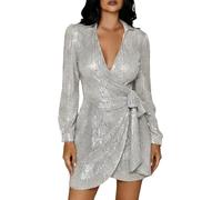 OBASDFD Elegante vestido de noche con lentejuelas brillantes con lazo en el cuello y la cintura, también disponible en tallas grandes, plata, XL