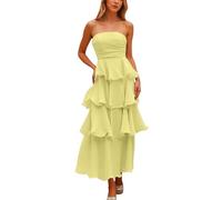 OBASDFD Elegante vestido largo ajustado sin espalda para mujer, sin tirantes, con volantes, escalonado, formal de noche, amarillo, M