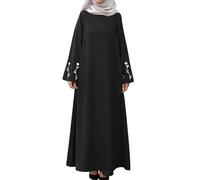 OBASDFD Elegante vestido largo bordado con bolsillos, ajuste holgado, bohemio, étnico, casual, Negro, XL