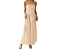 OBASDFD Elegante vestido largo sin tirantes para mujer, de verano, casual, bohemio, fluido, playa, boda, fiesta, cóctel, con volantes y abertura lateral, caqui, L