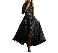 OBASDFD Elegante vestido midi acampanado de manga corta con cuello cuadrado a cuadros franceses para fiesta de verano, uso casual, con bolsillos y tela suave cómoda, color oscuro, verde oscuro, M