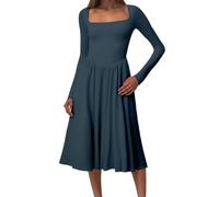 OBASDFD Elegante vestido midi casual con cuello cuadrado y banda en la cintura, manga larga de verano para un día atemporal para mujer, verde oscuro, L