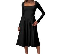 OBASDFD Elegante vestido midi casual con cuello cuadrado y banda en la cintura, manga larga de verano para un día atemporal para mujer, Negro, M