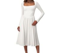OBASDFD Elegante vestido midi casual con cuello cuadrado y banda en la cintura, manga larga de verano para un día atemporal para mujer, blanco, L