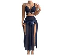 OBASDFD Exotic Wear Dancer Outfits, Women High Slit Mesh Sheer Tassels Skirt Sexy 3 Piece Lingerie Babydoll Belly Dance Costume(Red,X-Large)