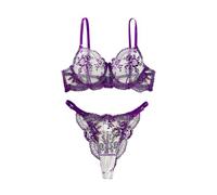 OBASDFD Floral Lace Sheer Lingerie Set for Women UK 2 Piece Sexy Mesh Scalloped Bra and Knickers Underwear Sets Push Up Half Cup See Through Nightwear with G-String Thongs Red(Purple,L)