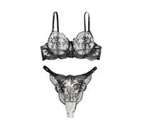 OBASDFD Floral Lace Sheer Lingerie Set for Women UK 2 Piece Sexy Mesh Scalloped Bra and Knickers Underwear Sets Push Up Half Cup See Through Nightwear with G-String Thongs Red(Black,M)