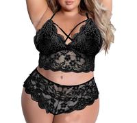 OBASDFD Plus Size Sexy Lingerie Set for Women Floral Lace Criss Cross V-Neck Longline Bra and Panty 2 Piece Teddy Babydoll Red(Black,Large)