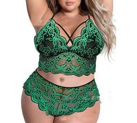 OBASDFD Plus Size Sexy Lingerie Set for Women Floral Lace Criss Cross V-Neck Longline Bra and Panty 2 Piece Teddy Babydoll Red(Green,X-Large)