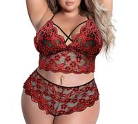 OBASDFD Plus Size Sexy Lingerie Set for Women Floral Lace Criss Cross V-Neck Longline Bra and Panty 2 Piece Teddy Babydoll Red(Red,3X-Large)