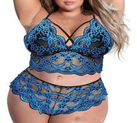 OBASDFD Plus Size Sexy Lingerie Set for Women Floral Lace Criss Cross V-Neck Longline Bra and Panty 2 Piece Teddy Babydoll Red(Blue,XXL)