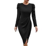 OBASDFD Robe Noire Femme Elegante Vestido Liso for Mujer En Invierno Largo con Cuello Redondo Y Cintura Ajustada(Black,XL)