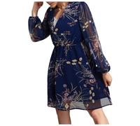 OBASDFD Robe Noire Femme - Minivestido de gasa con estampado floral para mujer, manga larga, acampanado, para mujer, azul, XXL